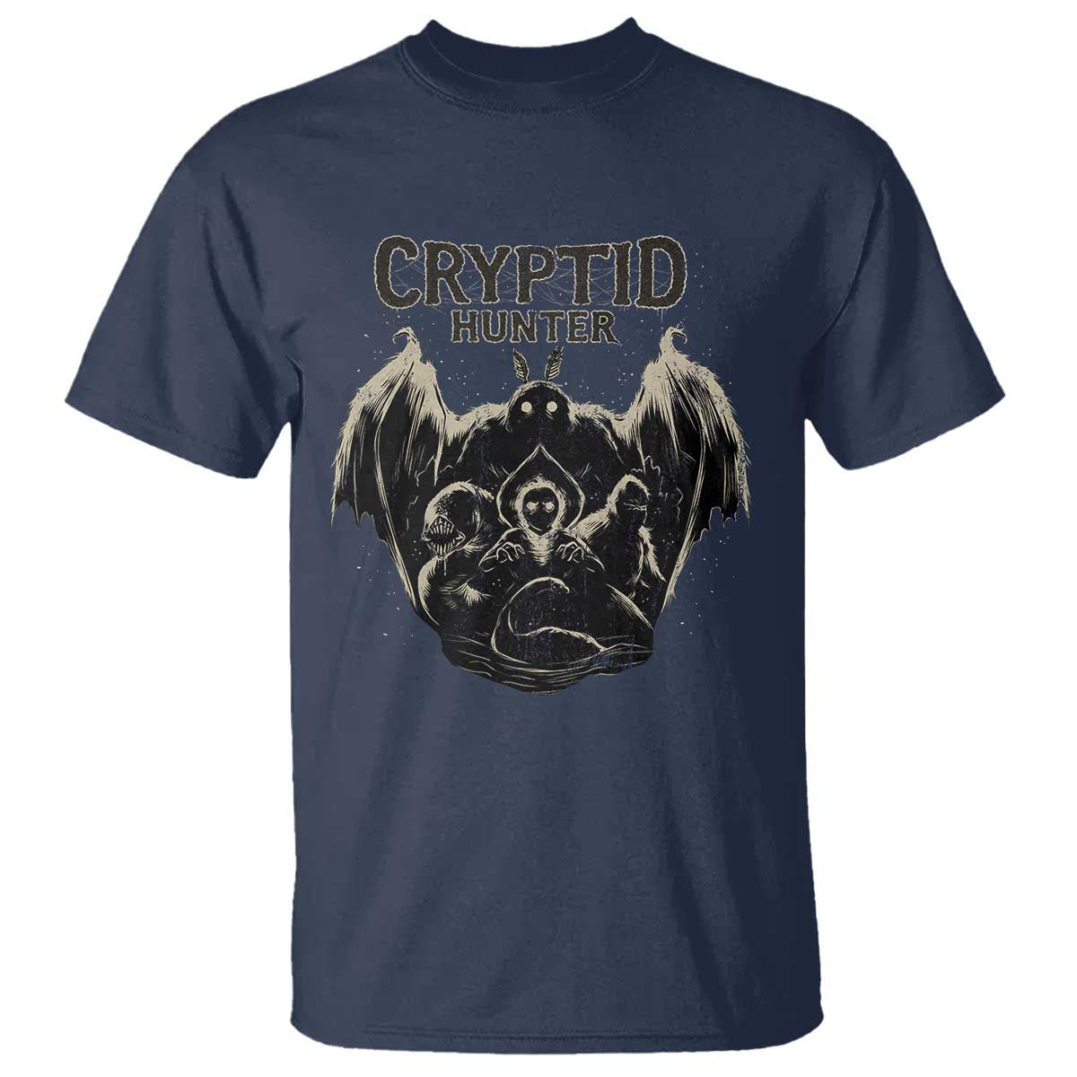 Retro Cryptid Hunter T Shirt Mothman Bigfoot Loch Ness Monster Cryptids TS10 Navy Print Your Wear