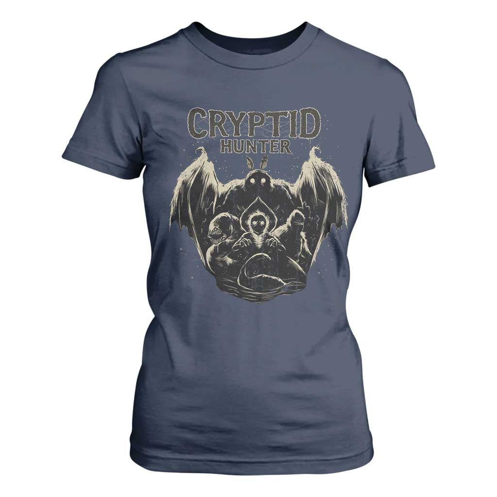 Retro Cryptid Hunter T Shirt For Women Mothman Bigfoot Loch Ness Monster Cryptids TS10 Navy Print Your Wear