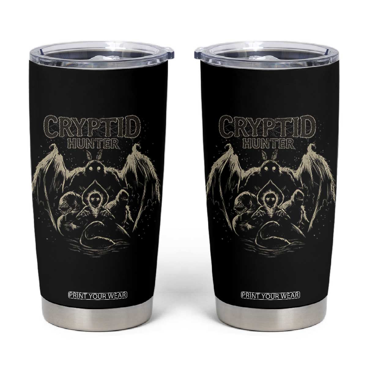 Retro Cryptid Hunter Tumbler Cup Mothman Bigfoot Loch Ness Monster Cryptids TS10 Black Print Your Wear