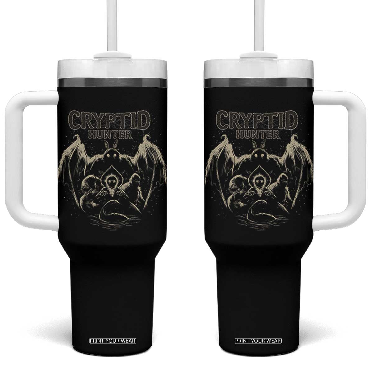 Retro Cryptid Hunter Tumbler With Handle Mothman Bigfoot Loch Ness Monster Cryptids TS10 One Size: 40 oz Black Print Your Wear