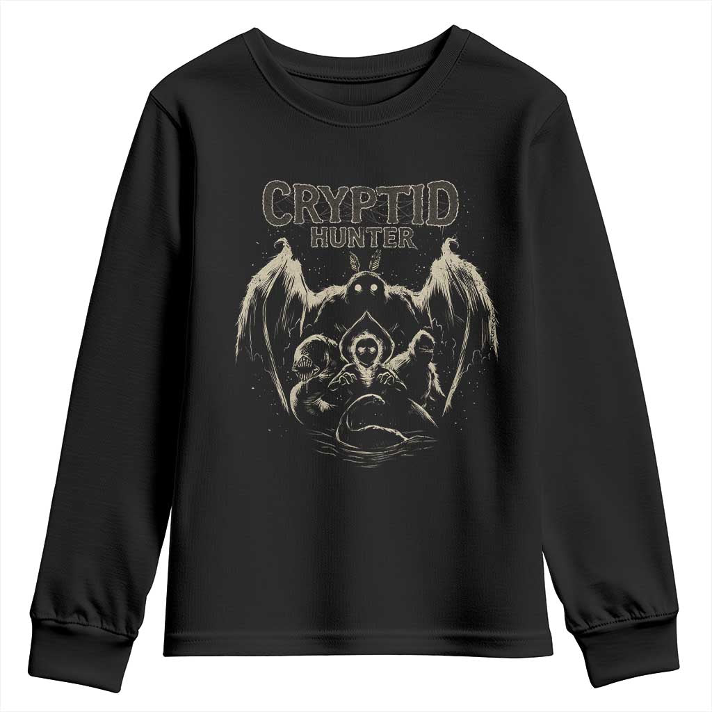 Retro Cryptid Hunter Youth Sweatshirt Mothman Bigfoot Loch Ness Monster Cryptids TS10 Black Print Your Wear