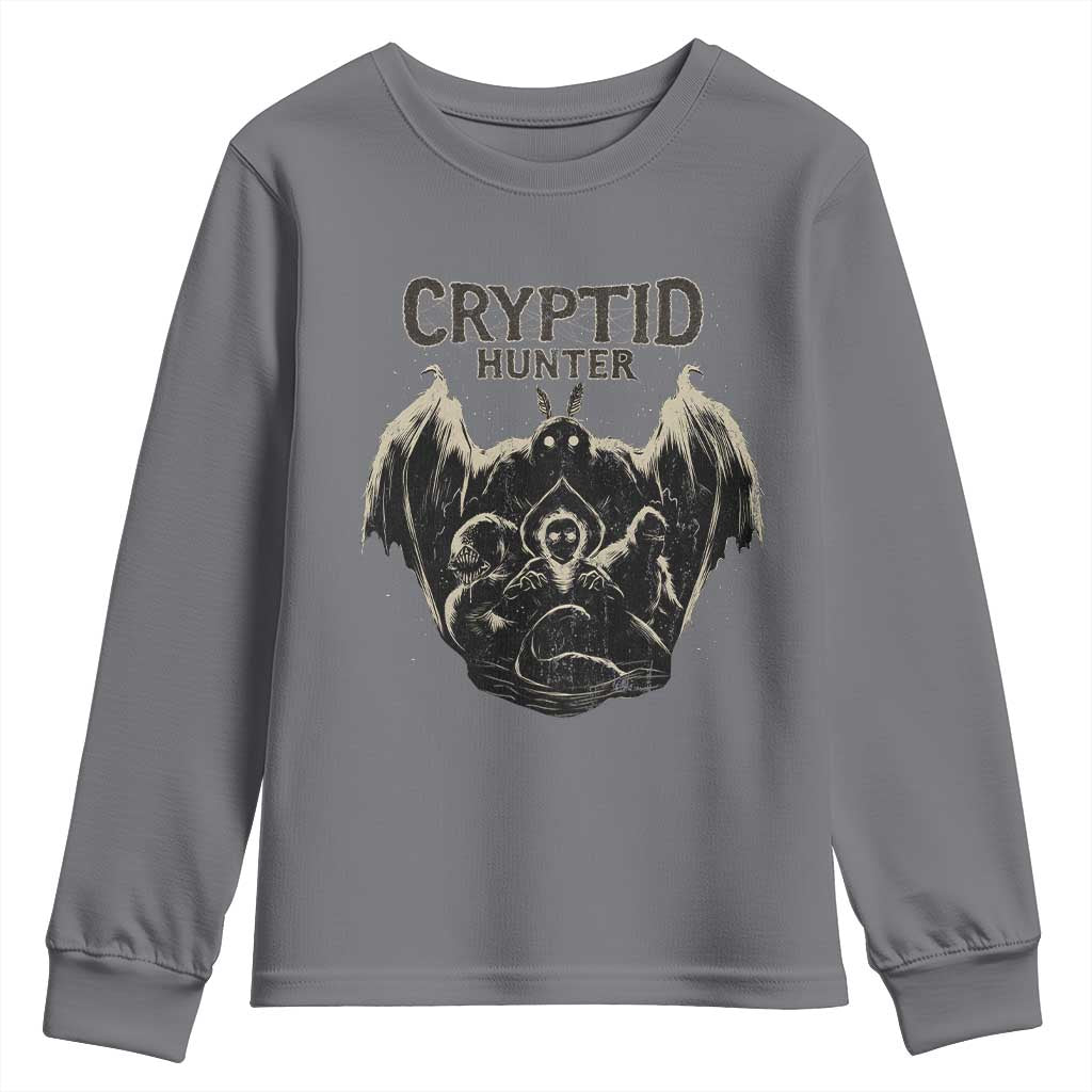 Retro Cryptid Hunter Youth Sweatshirt Mothman Bigfoot Loch Ness Monster Cryptids TS10 Charcoal Print Your Wear
