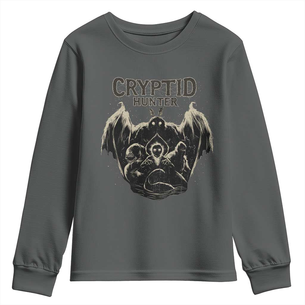 Retro Cryptid Hunter Youth Sweatshirt Mothman Bigfoot Loch Ness Monster Cryptids TS10 Dark Heather Print Your Wear