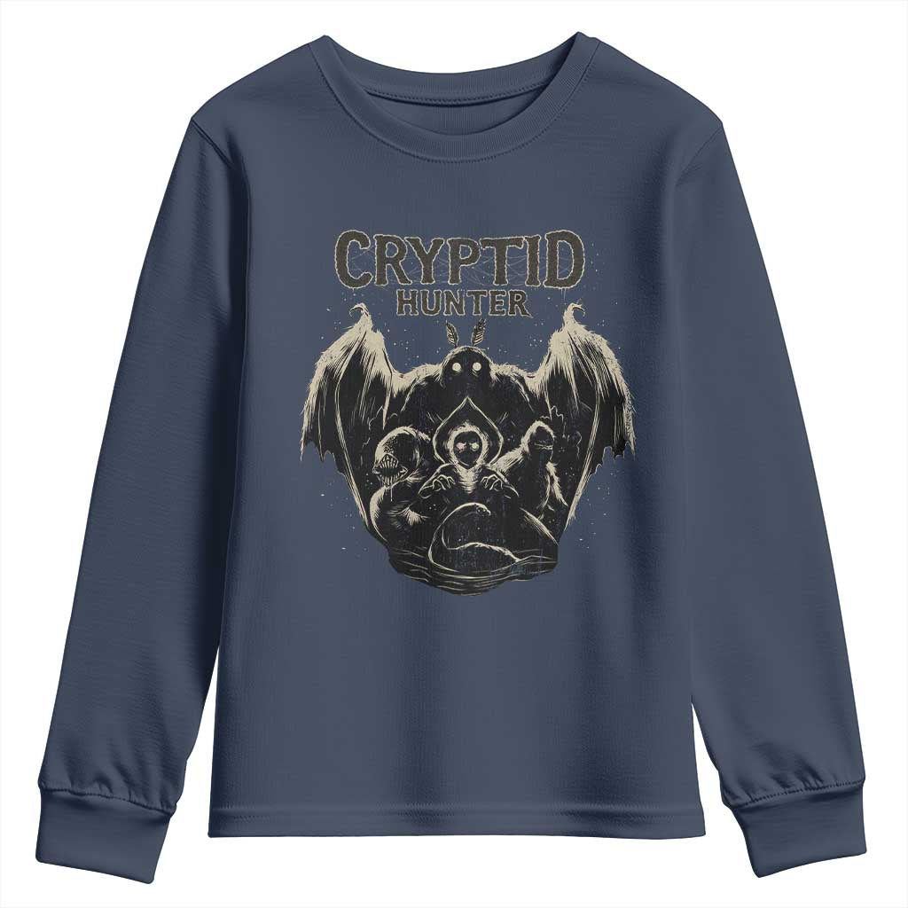Retro Cryptid Hunter Youth Sweatshirt Mothman Bigfoot Loch Ness Monster Cryptids TS10 Navy Print Your Wear