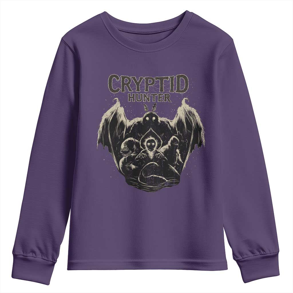 Retro Cryptid Hunter Youth Sweatshirt Mothman Bigfoot Loch Ness Monster Cryptids TS10 Purple Print Your Wear