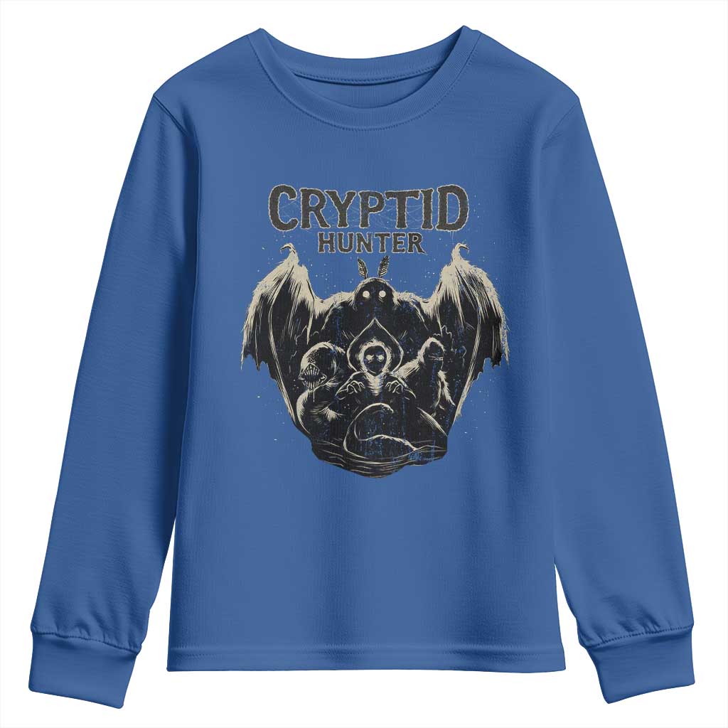 Retro Cryptid Hunter Youth Sweatshirt Mothman Bigfoot Loch Ness Monster Cryptids TS10 Royal Blue Print Your Wear