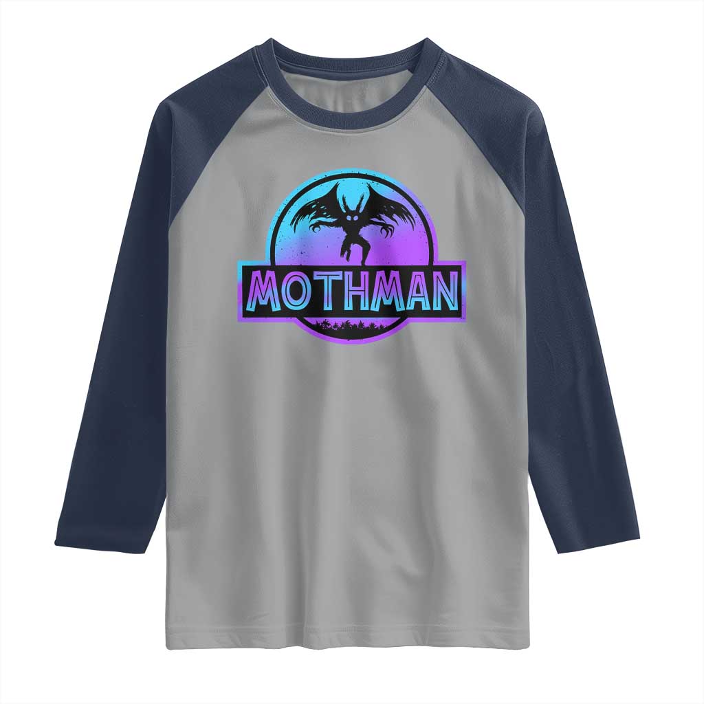 Mothman Raglan Shirt Retro Neon Cryptid Paranormal Horror Monster TS10 Sport Gray Navy Print Your Wear