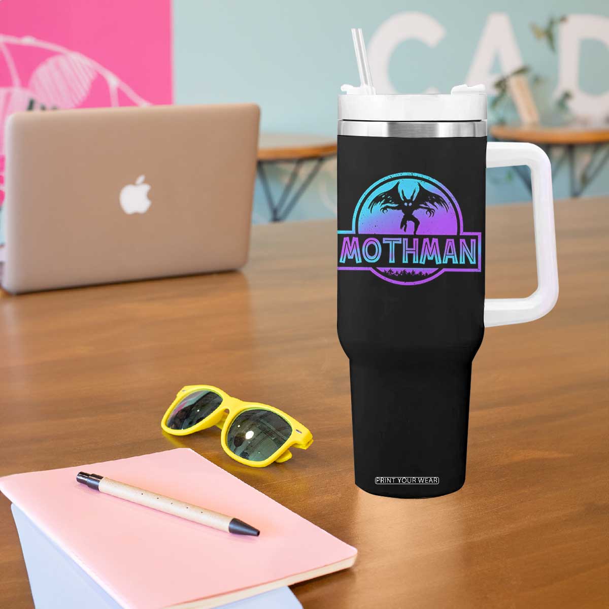 Mothman Tumbler With Handle Retro Neon Cryptid Paranormal Horror Monster TS10 Print Your Wear