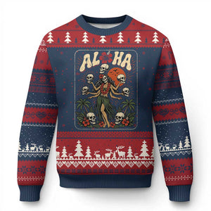 Aloha Skull Ugly Christmas Sweater Hibiscus Flower Hula Dancer Dark Tropical Beach Gothic Hawaiian Vibe TS10 Navy Red Print Your Wear