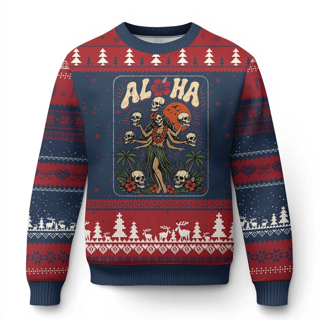 Aloha Skull Ugly Christmas Sweater Hibiscus Flower Hula Dancer Dark Tropical Beach Gothic Hawaiian Vibe TS10 Navy Red Print Your Wear