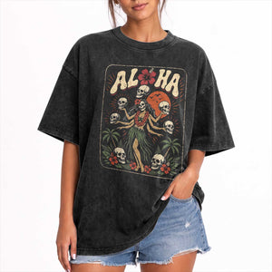 Aloha Skull Washed Cotton T-Shirt Hibiscus Flower Hula Dancer Dark Tropical Beach Gothic Hawaiian Vibe