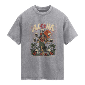 Aloha Skull Washed Cotton T-Shirt Hibiscus Flower Hula Dancer Dark Tropical Beach Gothic Hawaiian Vibe