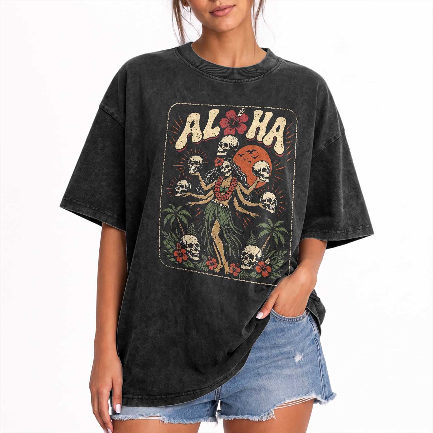 Aloha Skull Washed Cotton T-Shirt Hibiscus Flower Hula Dancer Dark Tropical Beach Gothic Hawaiian Vibe TS10 Print Your Wear