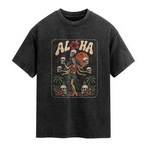 Aloha Skull Washed Cotton T-Shirt Hibiscus Flower Hula Dancer Dark Tropical Beach Gothic Hawaiian Vibe