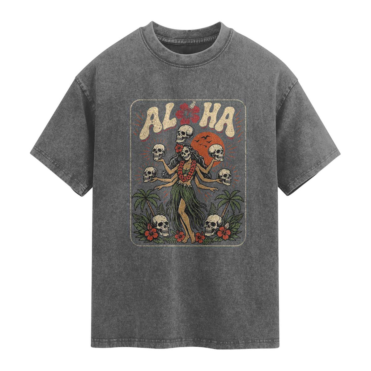 Aloha Skull Washed Cotton T-Shirt Hibiscus Flower Hula Dancer Dark Tropical Beach Gothic Hawaiian Vibe