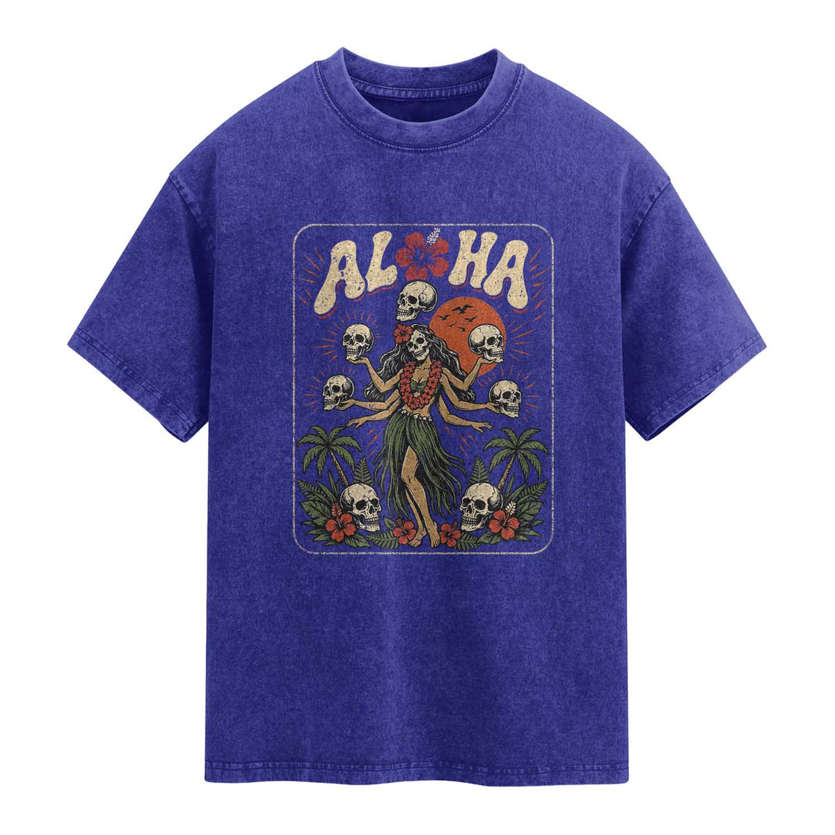 Aloha Skull Washed Cotton T-Shirt Hibiscus Flower Hula Dancer Dark Tropical Beach Gothic Hawaiian Vibe