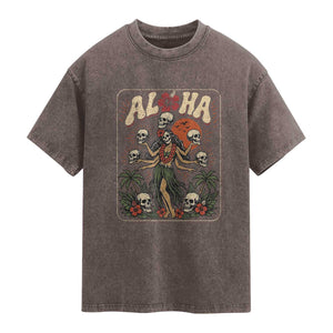 Aloha Skull Washed Cotton T-Shirt Hibiscus Flower Hula Dancer Dark Tropical Beach Gothic Hawaiian Vibe