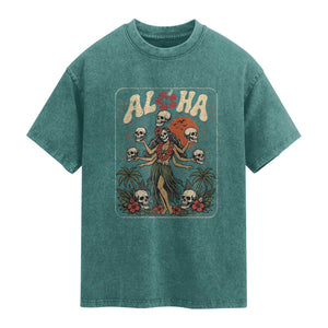 Aloha Skull Washed Cotton T-Shirt Hibiscus Flower Hula Dancer Dark Tropical Beach Gothic Hawaiian Vibe