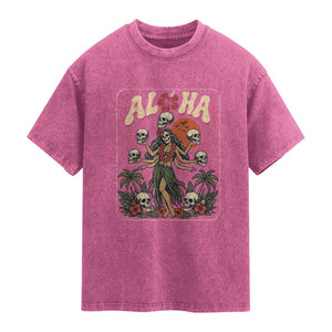 Aloha Skull Washed Cotton T-Shirt Hibiscus Flower Hula Dancer Dark Tropical Beach Gothic Hawaiian Vibe