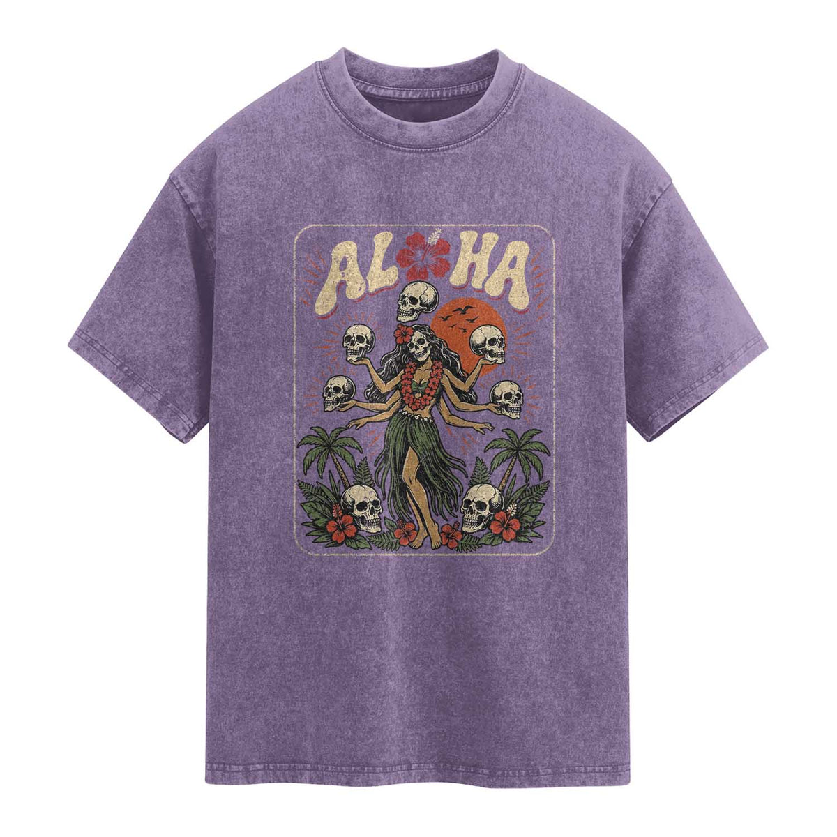 Aloha Skull Washed Cotton T-Shirt Hibiscus Flower Hula Dancer Dark Tropical Beach Gothic Hawaiian Vibe
