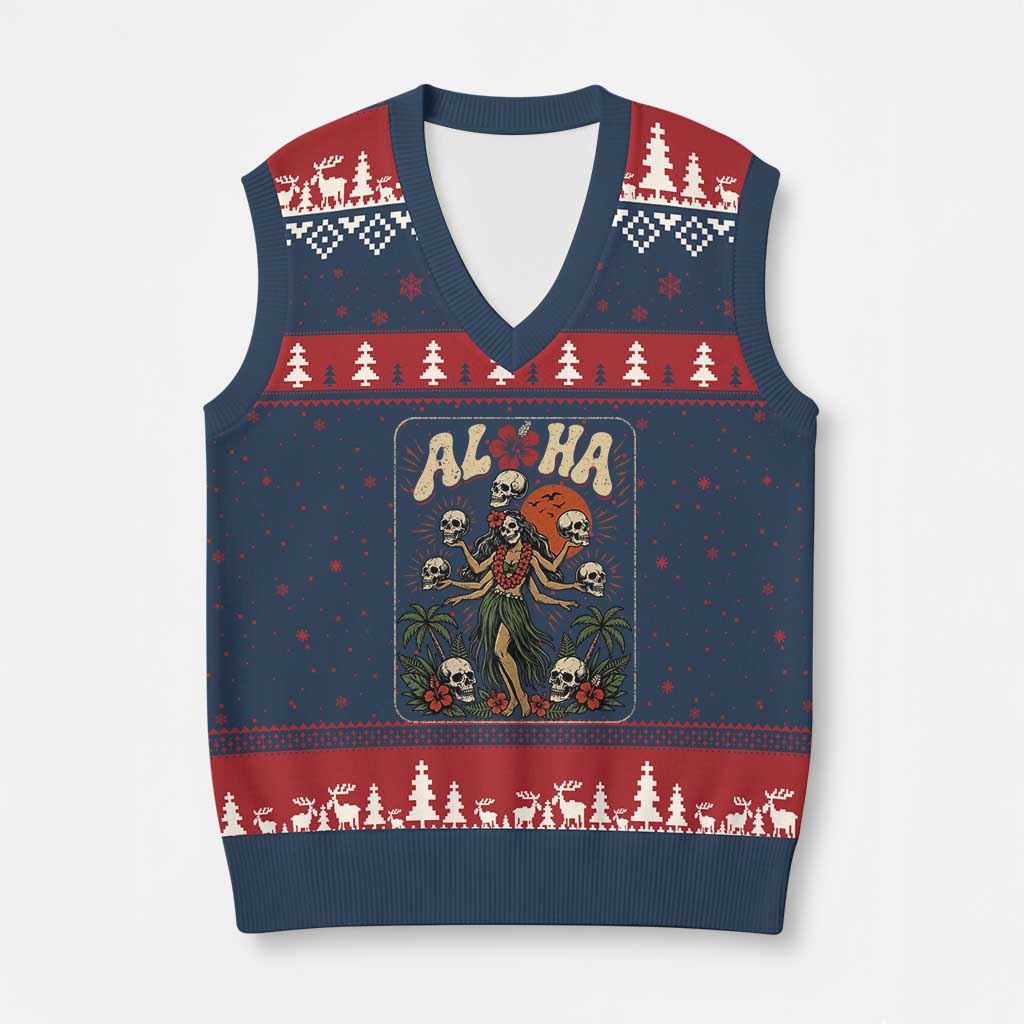 Aloha Skull V-Neck Knit Sweater Vest Hibiscus Flower Hula Dancer Dark Tropical Beach Gothic Hawaiian Vibe TS10 Navy Red Print Your Wear