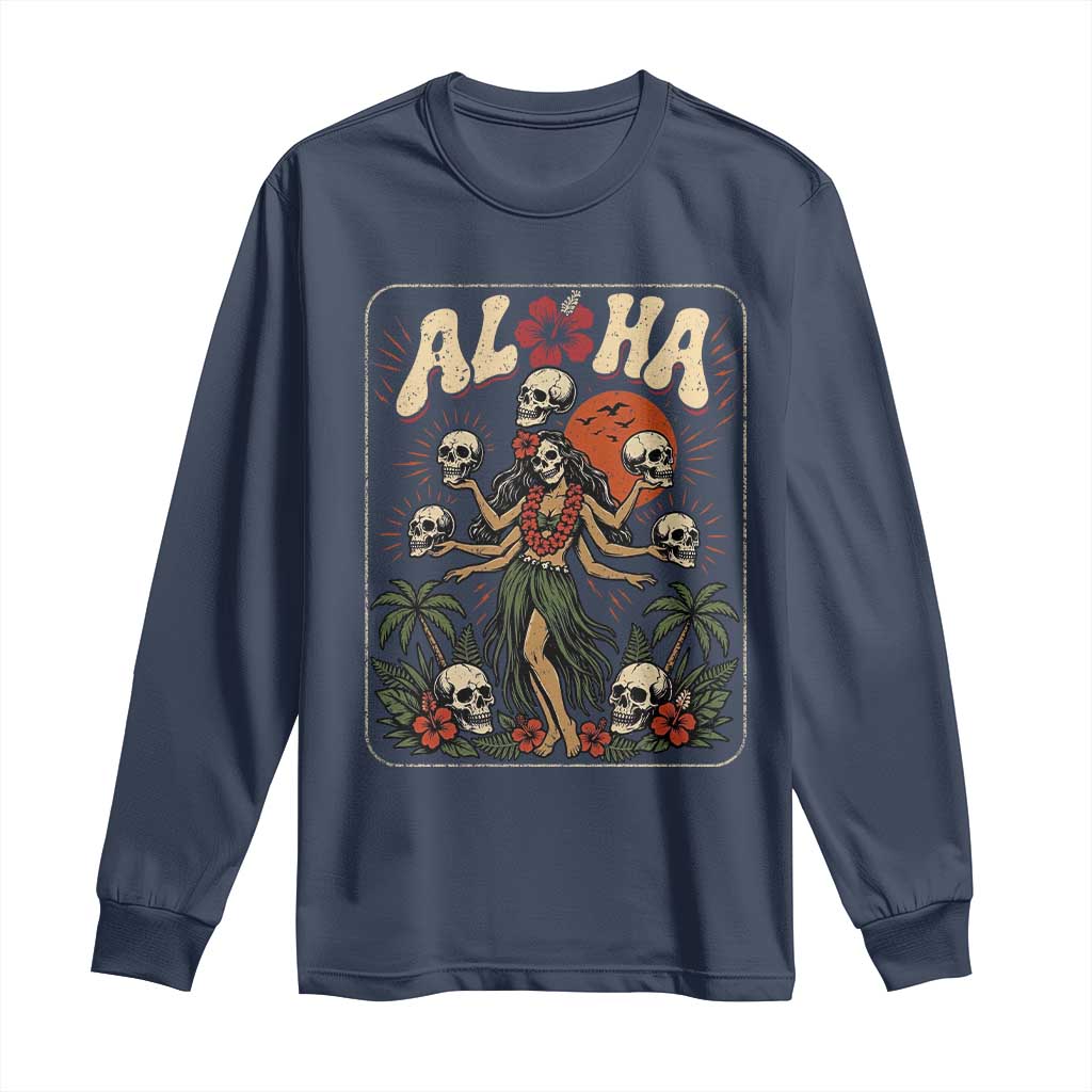 Aloha Skull Long Sleeve Shirt Hibiscus Flower Hula Dancer Dark Tropical Beach Gothic Hawaiian Vibe TS10 Navy Print Your Wear