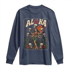 Aloha Skull Long Sleeve Shirt Hibiscus Flower Hula Dancer Dark Tropical Beach Gothic Hawaiian Vibe TS10 Navy Print Your Wear