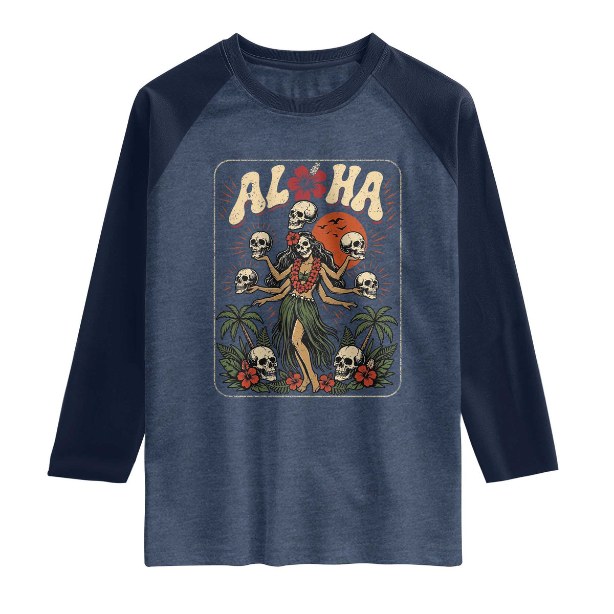 Aloha Skull Raglan Shirt Hibiscus Flower Hula Dancer Dark Tropical Beach Gothic Hawaiian Vibe TS10 Heather Denim Navy Print Your Wear