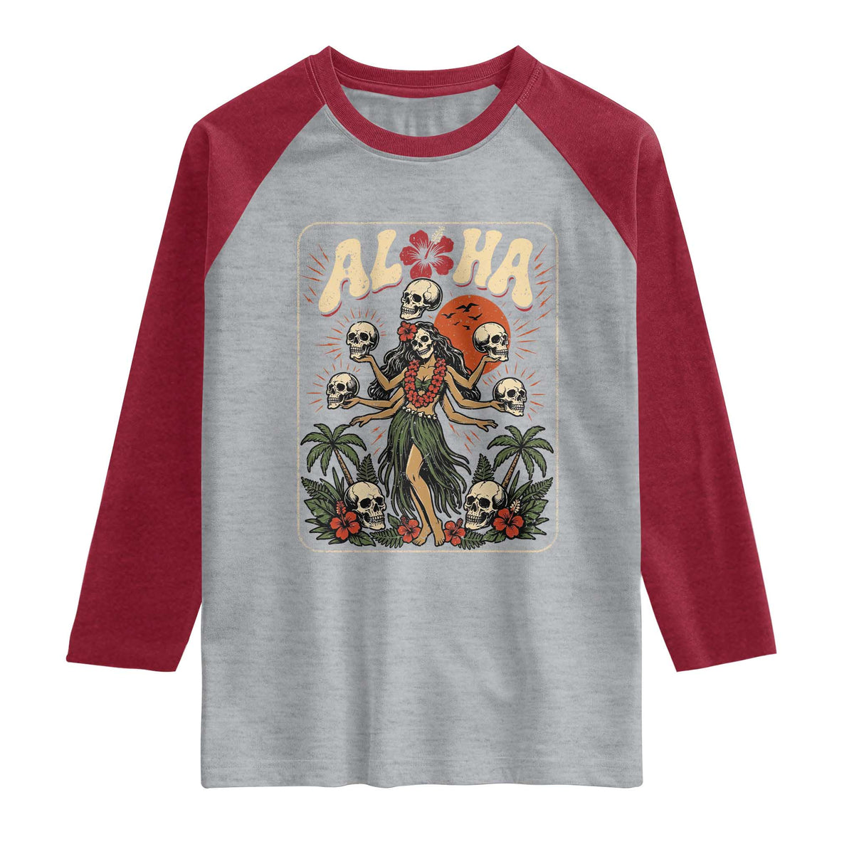 Aloha Skull Raglan Shirt Hibiscus Flower Hula Dancer Dark Tropical Beach Gothic Hawaiian Vibe TS10 Heather Gray Heather Red Print Your Wear