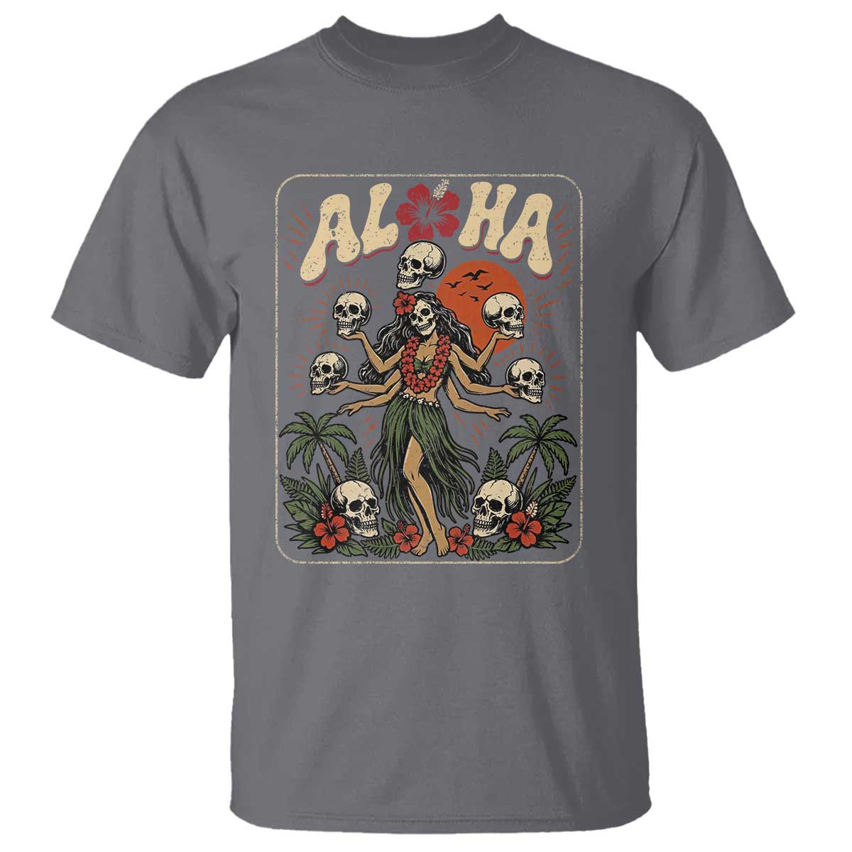 Aloha Skull T Shirt Hibiscus Flower Hula Dancer Dark Tropical Beach Gothic Hawaiian Vibe TS10 Charcoal Print Your Wear