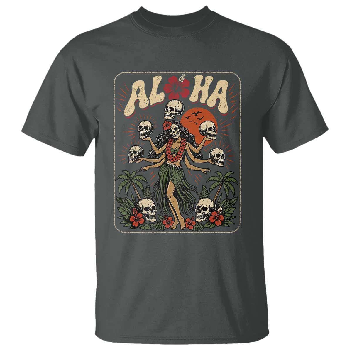 Aloha Skull T Shirt Hibiscus Flower Hula Dancer Dark Tropical Beach Gothic Hawaiian Vibe TS10 Dark Heather Print Your Wear
