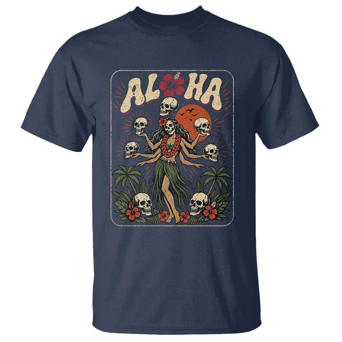Aloha Skull T Shirt Hibiscus Flower Hula Dancer Dark Tropical Beach Gothic Hawaiian Vibe TS10 Navy Print Your Wear