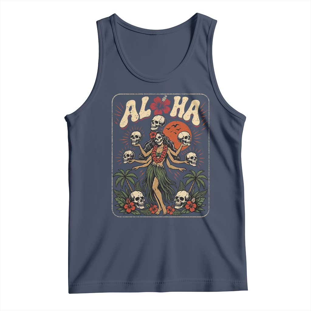 Aloha Skull Tank Top Hibiscus Flower Hula Dancer Dark Tropical Beach Gothic Hawaiian Vibe TS10 Navy Print Your Wear