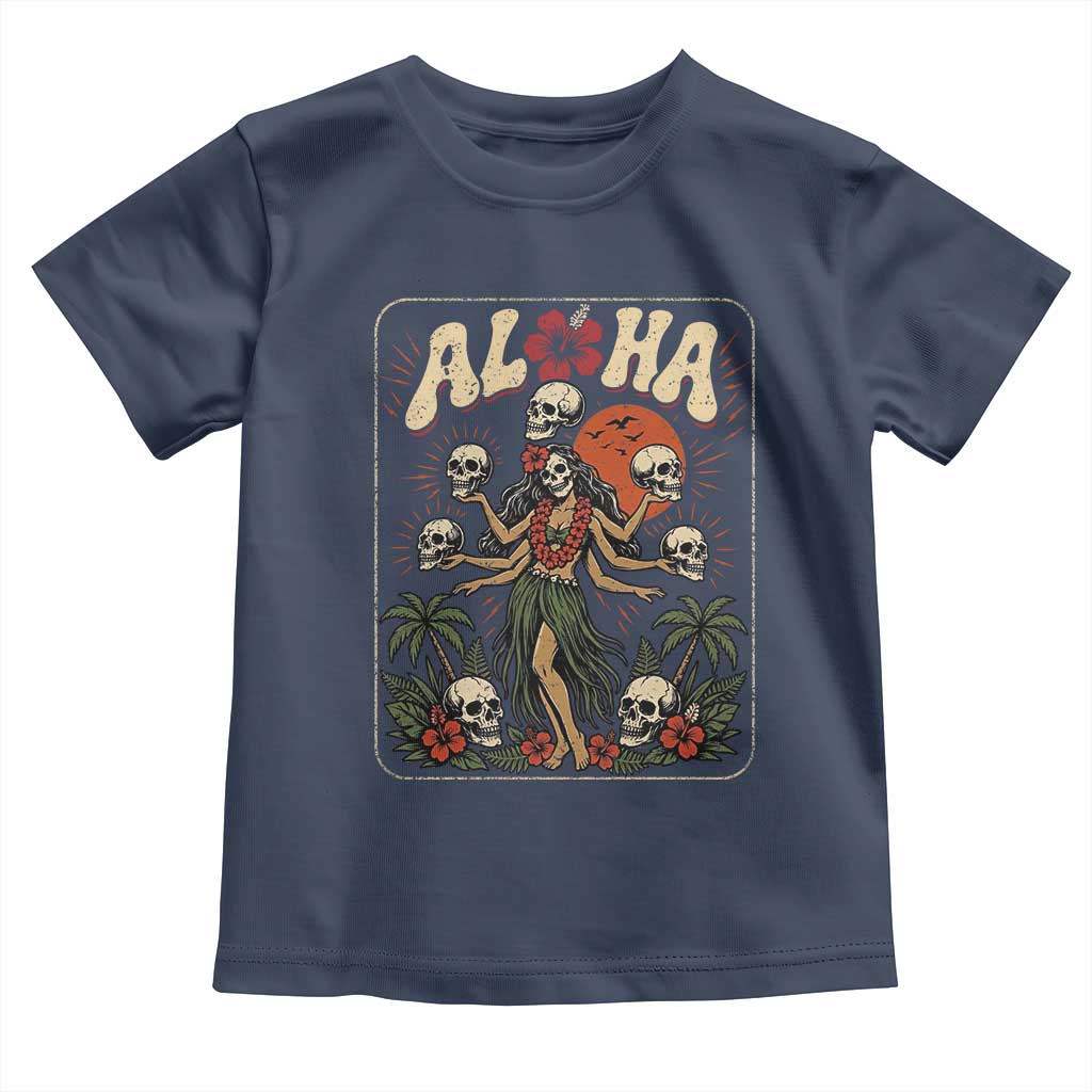 Aloha Skull Toddler T Shirt Hibiscus Flower Hula Dancer Dark Tropical Beach Gothic Hawaiian Vibe TS10 Navy Print Your Wear