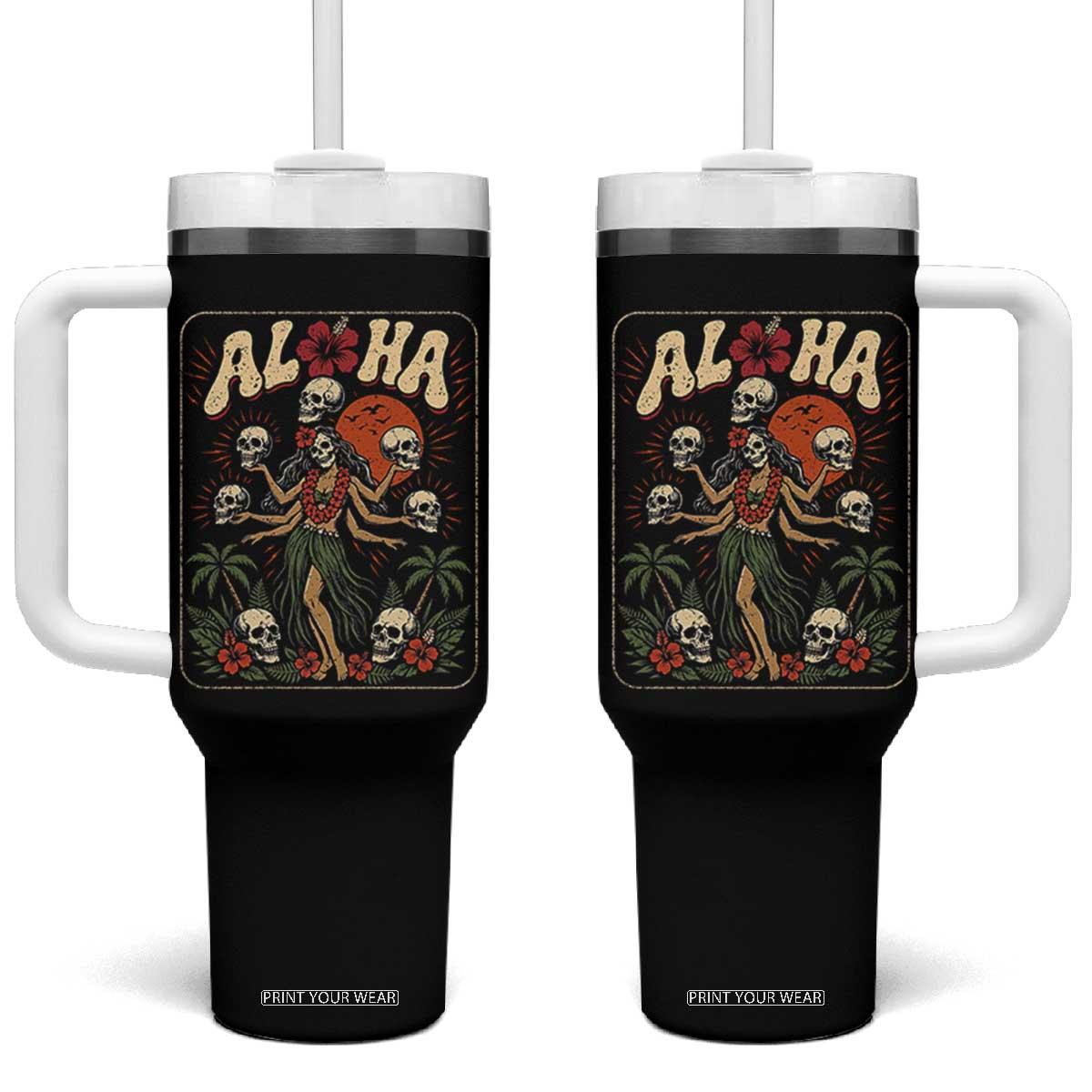 Aloha Skull Tumbler With Handle Hibiscus Flower Hula Dancer Dark Tropical Beach Gothic Hawaiian Vibe TS10 One Size: 40 oz Black Print Your Wear