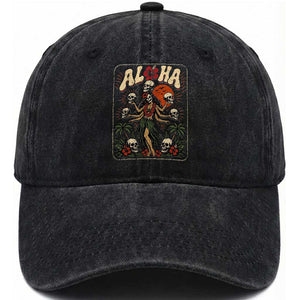 Aloha Skull Washed Cotton Baseball Cap Hibiscus Flower Hula Dancer Dark Tropical Beach Gothic Hawaiian Vibe TS10 Print Your Wear