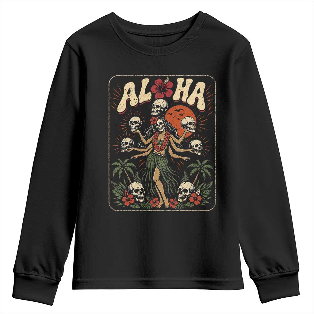Aloha Skull Youth Sweatshirt Hibiscus Flower Hula Dancer Dark Tropical Beach Gothic Hawaiian Vibe TS10 Black Print Your Wear