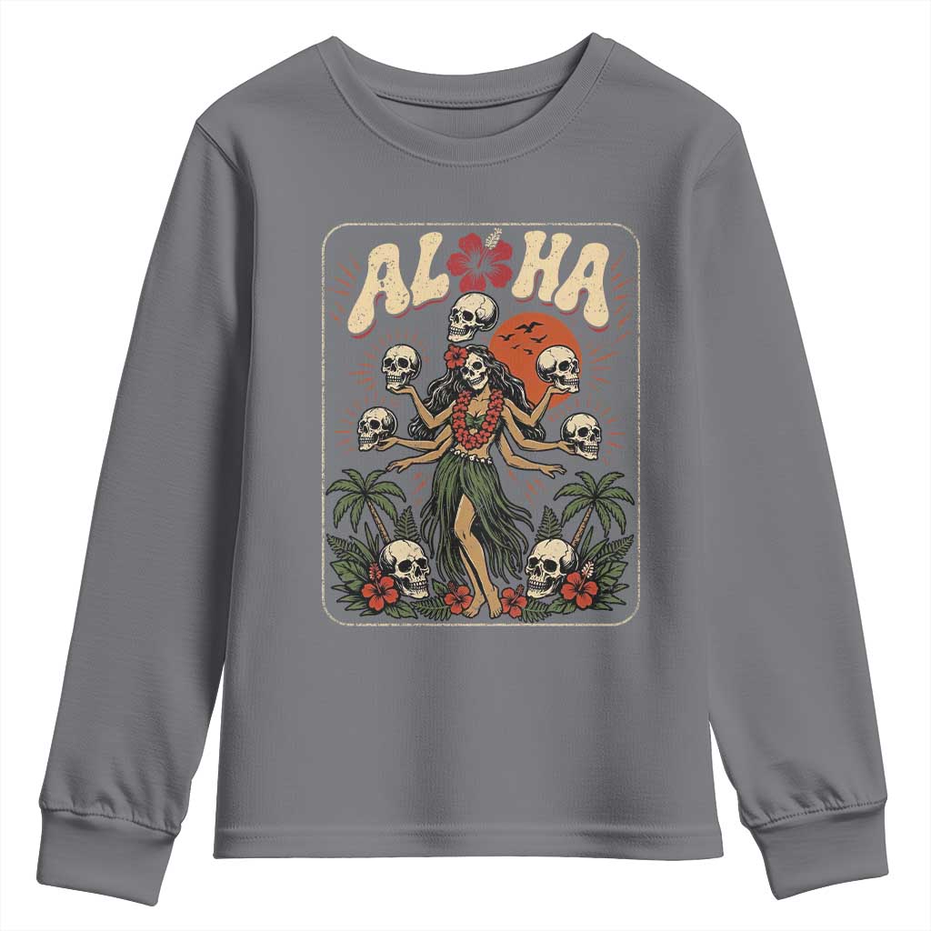 Aloha Skull Youth Sweatshirt Hibiscus Flower Hula Dancer Dark Tropical Beach Gothic Hawaiian Vibe TS10 Charcoal Print Your Wear