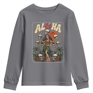 Aloha Skull Youth Sweatshirt Hibiscus Flower Hula Dancer Dark Tropical Beach Gothic Hawaiian Vibe TS10 Charcoal Print Your Wear