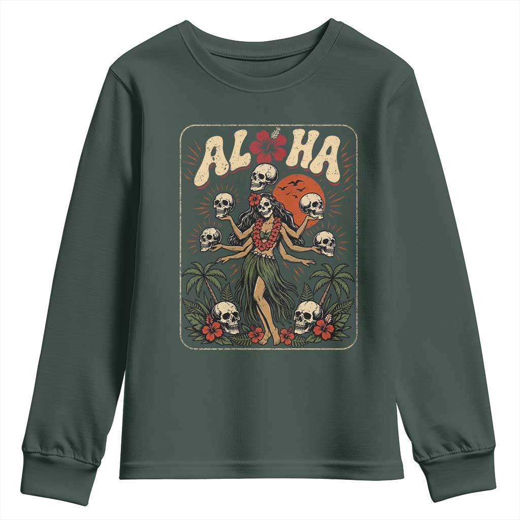 Aloha Skull Youth Sweatshirt Hibiscus Flower Hula Dancer Dark Tropical Beach Gothic Hawaiian Vibe TS10 Dark Forest Green Print Your Wear