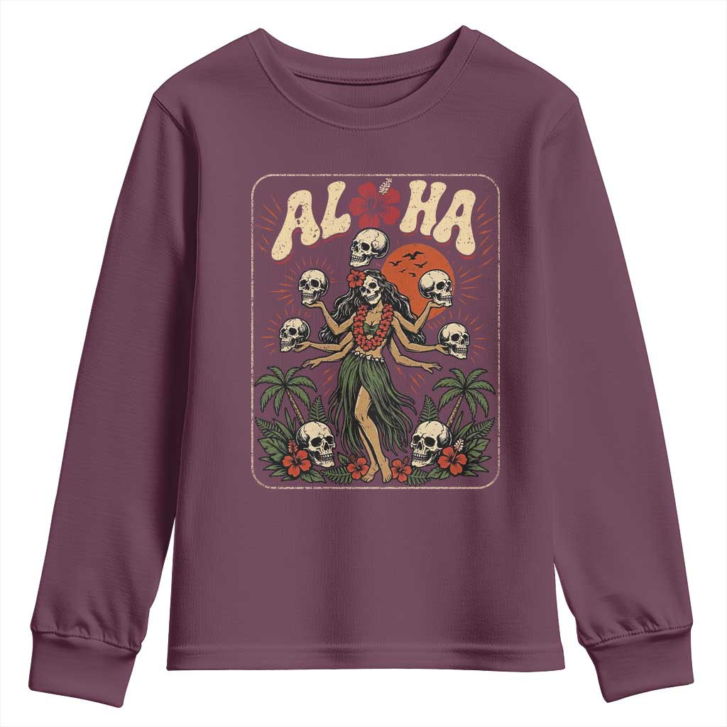 Aloha Skull Youth Sweatshirt Hibiscus Flower Hula Dancer Dark Tropical Beach Gothic Hawaiian Vibe TS10 Maroon Print Your Wear