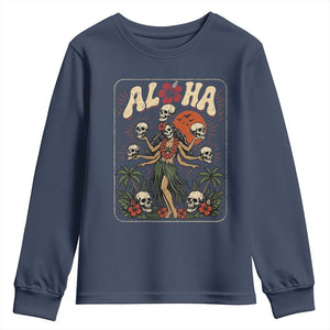 Aloha Skull Youth Sweatshirt Hibiscus Flower Hula Dancer Dark Tropical Beach Gothic Hawaiian Vibe TS10 Navy Print Your Wear