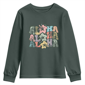 Aloha Youth Sweatshirt Hawaiian Hawaii Trip Family Vacation Hibiscus Flowers TS10 Dark Forest Green Print Your Wear