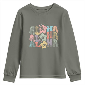 Aloha Youth Sweatshirt Hawaiian Hawaii Trip Family Vacation Hibiscus Flowers TS10 Military Green Print Your Wear