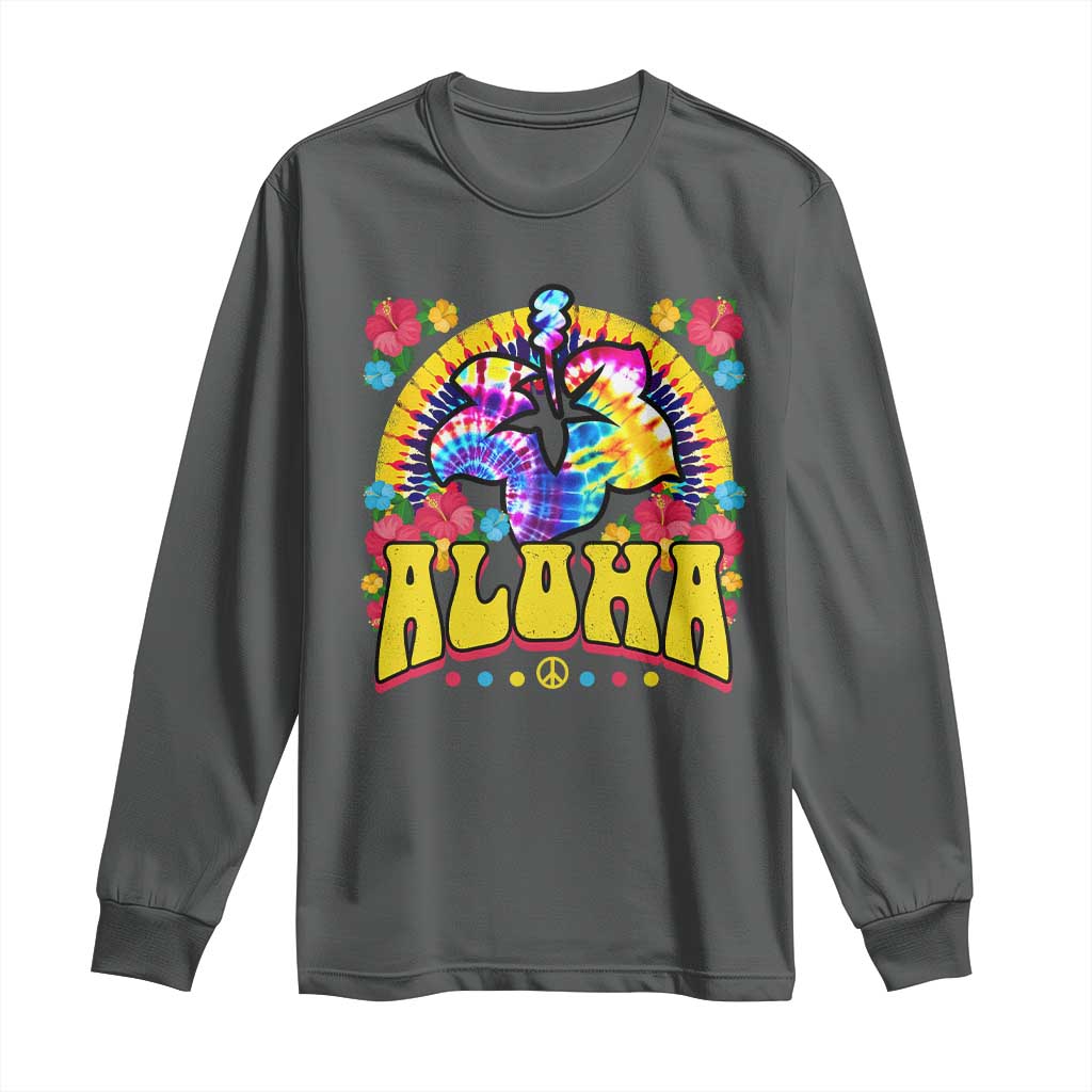 Hawaii Family Vacation Long Sleeve Shirt Tie Dye Groovy Hibicus Flower Beach Vacay Hawaiian Christmas TS10 Dark Heather Print Your Wear