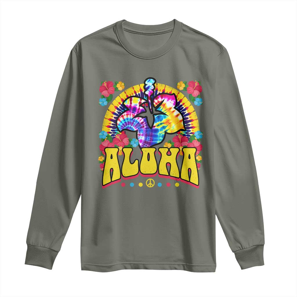 Hawaii Family Vacation Long Sleeve Shirt Tie Dye Groovy Hibicus Flower Beach Vacay Hawaiian Christmas TS10 Military Green Print Your Wear