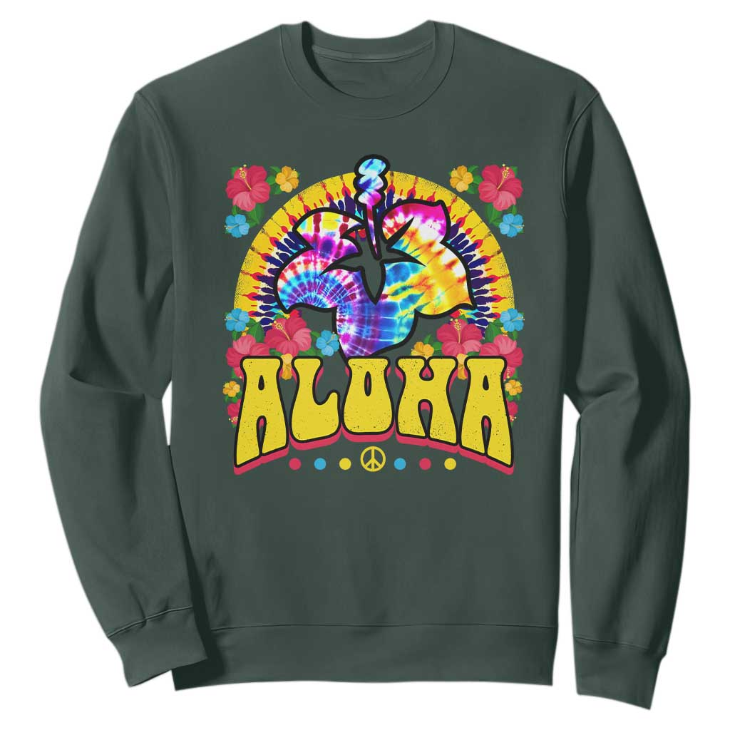 Hawaii Family Vacation Sweatshirt Tie Dye Groovy Hibicus Flower Beach Vacay Hawaiian Christmas TS10 Dark Forest Green Print Your Wear