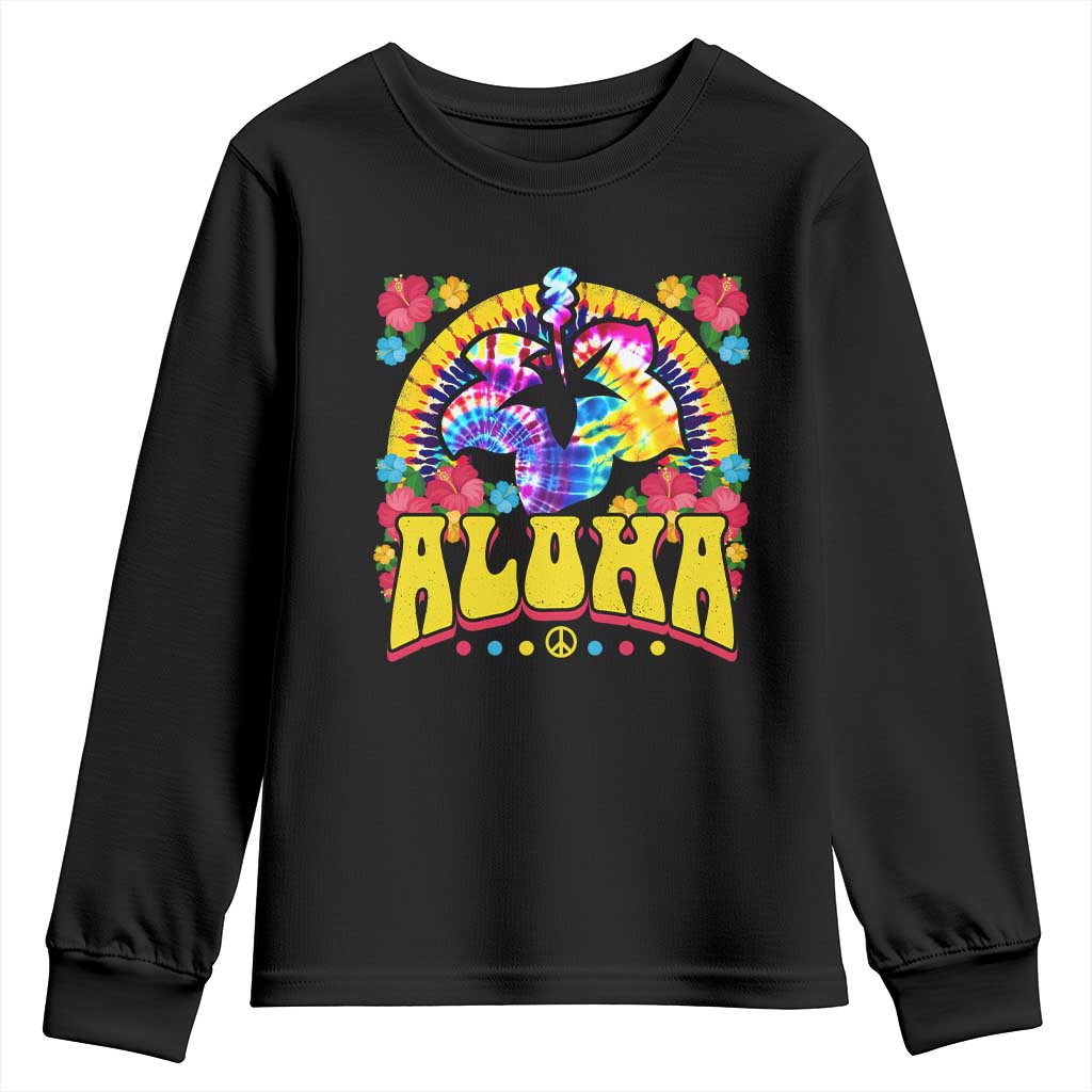Hawaii Family Vacation Youth Sweatshirt Tie Dye Groovy Hibicus Flower Beach Vacay Hawaiian Christmas TS10 Black Print Your Wear