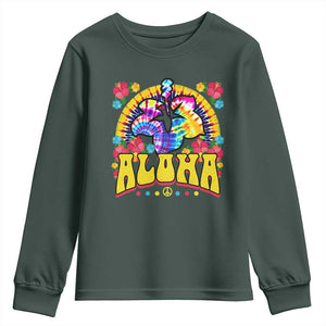 Hawaii Family Vacation Youth Sweatshirt Tie Dye Groovy Hibicus Flower Beach Vacay Hawaiian Christmas TS10 Dark Forest Green Print Your Wear
