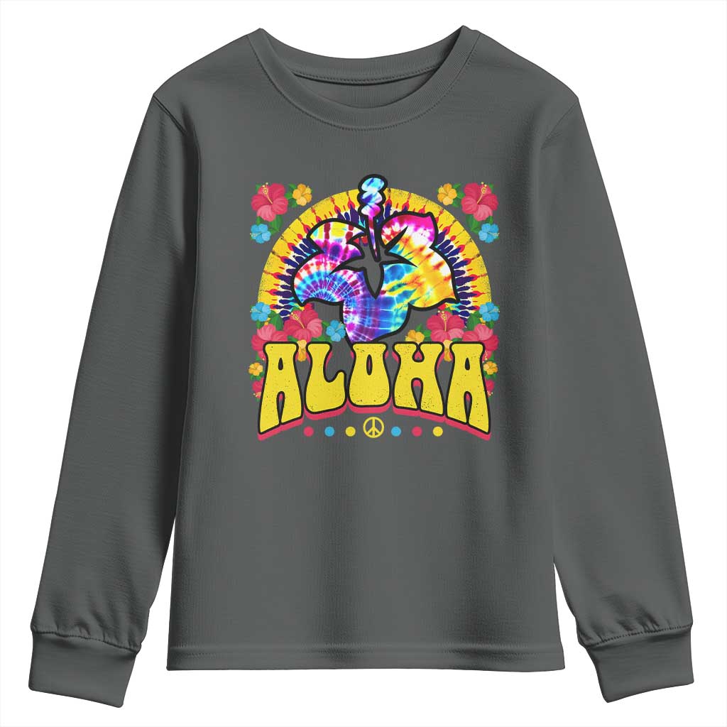 Hawaii Family Vacation Youth Sweatshirt Tie Dye Groovy Hibicus Flower Beach Vacay Hawaiian Christmas TS10 Dark Heather Print Your Wear